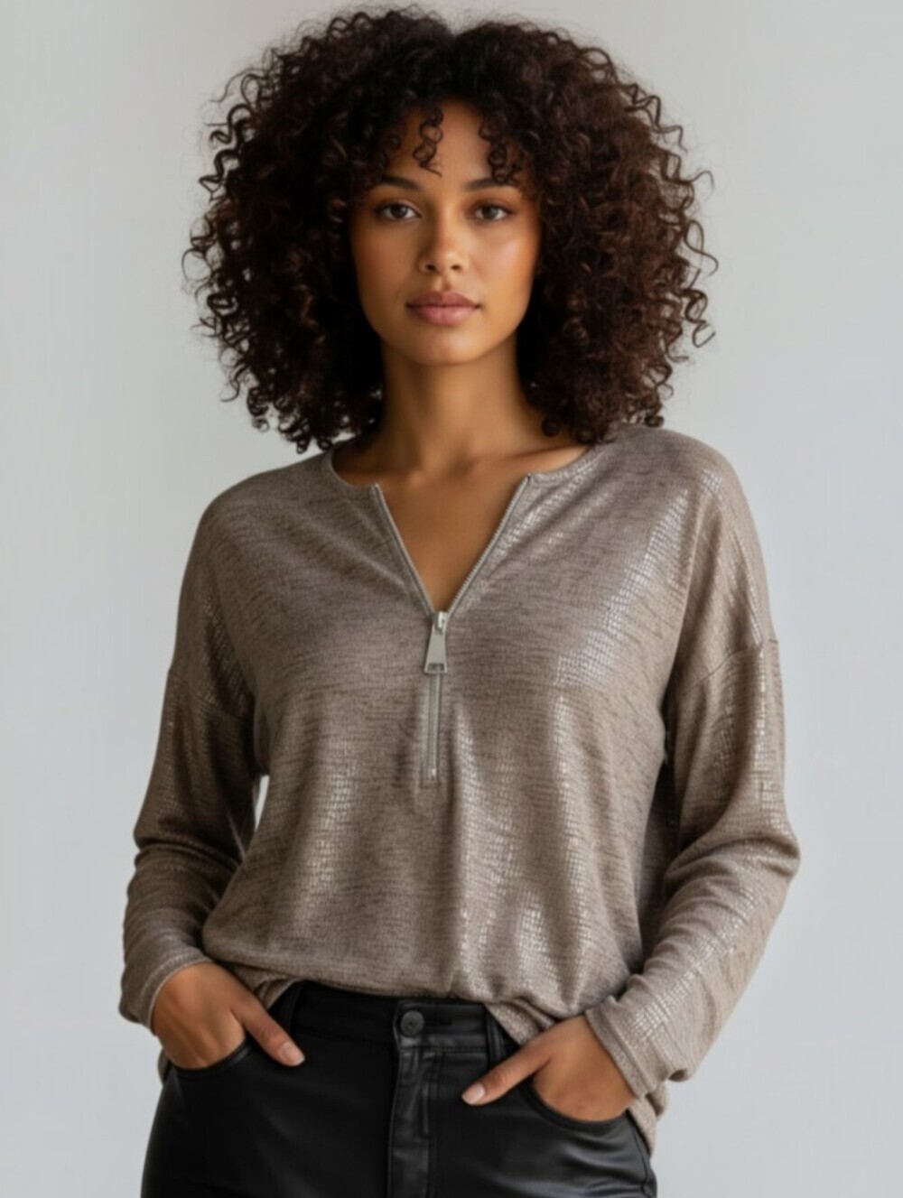 Quinze Heures Trente Paris Taupe Metallic Half-Zip Lightweight Top Blouse